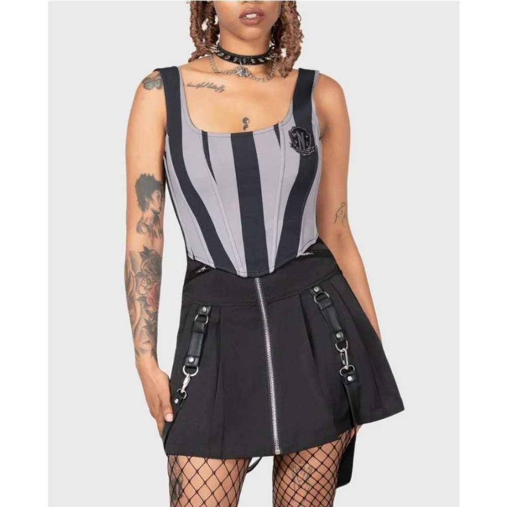 Killstar Abhor Corset Top Black Grey Striped Wednesday Addams Goth Size M